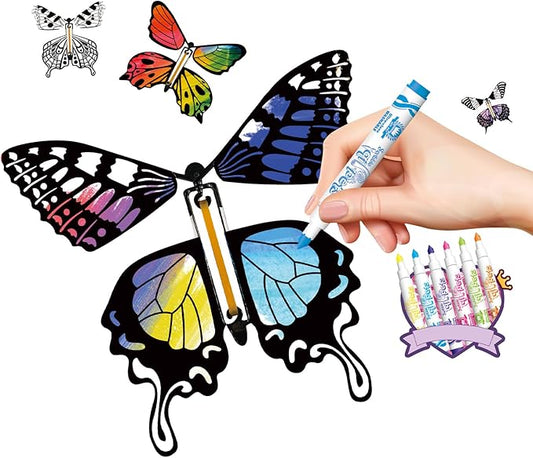 SANYIYIBA 24 Pack Flying Butterfly Craft Kit with 12 Wind Up Butterflies and 12 Color Pens DIY Toys for Kids' Parties School Activities and Parent-Child Fun