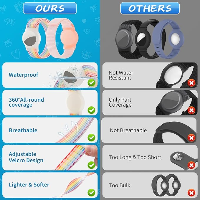 Waterproof Air Tag Bracelet for Kids (2 Pack), Soft Nylon Hidden Air Tag Wristband Full Cover Lightweight GPS Tracker Holder Compatible with Apple AirTag Band for Toddler Child (Light Rainbow/Pink)