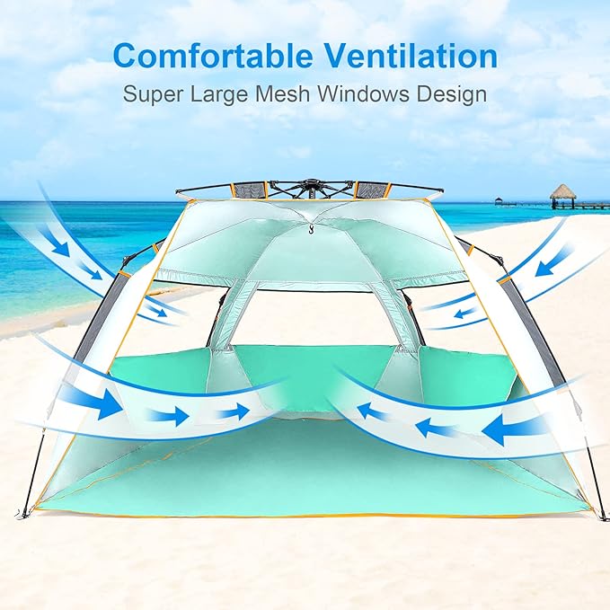 WolfWise 3-4 Person Easy Up Beach Tent UPF 50+ Portable Instant Sun Shelter Canopy Umbrella with Extended Zippered Porch, Mint Green