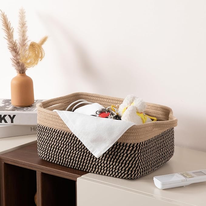 OIAHOMY 3 Pack Storage Baskets for Organizing, Woven Cotton Rope Basket for Shelves, Closet Organizer Bins with Handles, Rectangle Toy Organization, 13.78''×9.84''×5.5'', Brown & Black
