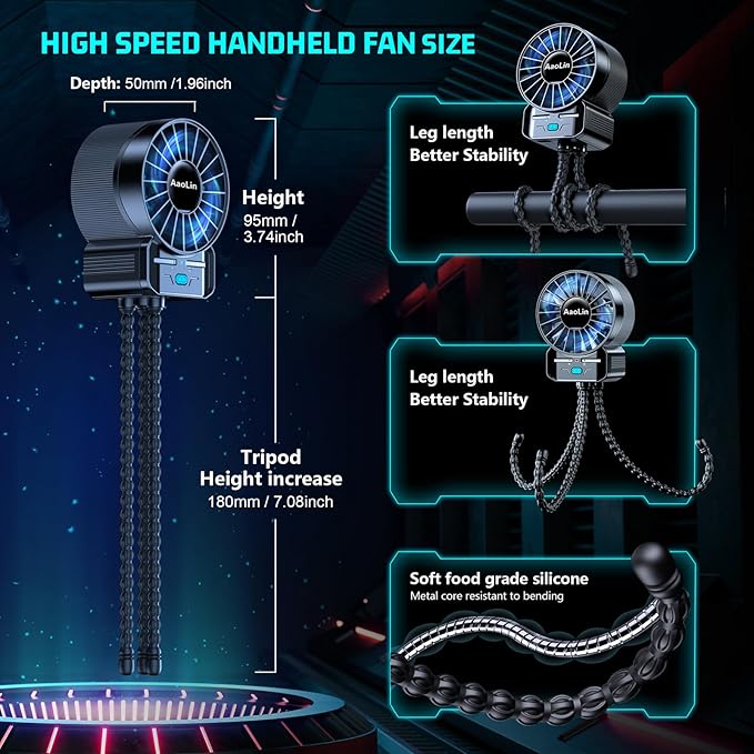 2 Pack Multifunctional Portable Stroller Fan 4 Speed 6600rpm High Speed Usb Rechargeable Personal Mini Handheld Fan Extended Tripod For Desktop Winding Kids Bed Treadmill Bike Golf Cart Outdoor Travel