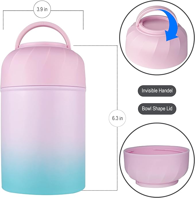 Soup Thermo for Hot Food & Drinks, Thermo Lunch Box for Kids, 17oz Vacuum Insulated Food Container with Spoon&&Drawstring Bag, Soup Therm for Adults, Pink&Green