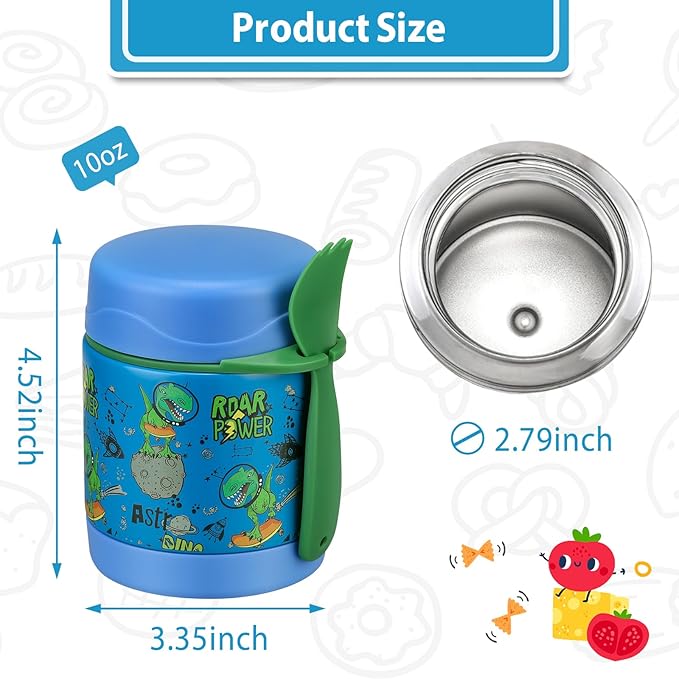 10oz Soup Thermo for Hot Food Kids,Lunch Thermo Kids Food Jar with Spoon Hot Insulated Food Containers,Leak Proof Stainless Steel Wide Mouth Lunch Food Thermo Jar for School(Blue-Dinosaur)