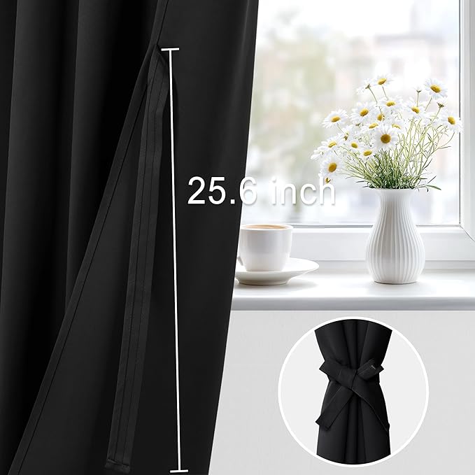 XWZO Blackout Curtains for Bedroom 63 inch Length Room Darkening Thermal Insulated Rod Pocket Curtains for Living Room with Tiebacks,Black,W42 x L63,Set of 2