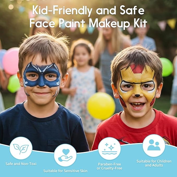 Pintada 42 Color Face Painting Kit for Kids +30g Black and White Face Paint - Non Toxic Water Based Face Paint Palette With Stencils, Brush, Gems. For Carnival, Halloween, Costume Makeup