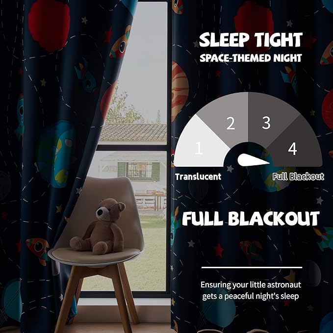 Kids Space Themed Blackout Curtains - 100% Blackout, Perfect for Bedroom and Nursery with Vibrant Cosmos Patterns, Noise Reduction, Thermal Insulated, 2 Panels (Space, W42×L84)
