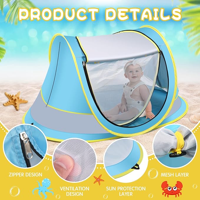 Baby Beach Tent,Large Pop Up Beach Tent Sun Shade for Beach,Portable Baby Travel Tent with Mosquito Net,Indoor Baby Play Tent,UPF 50+ UV Protection Sun Shelters for Infants