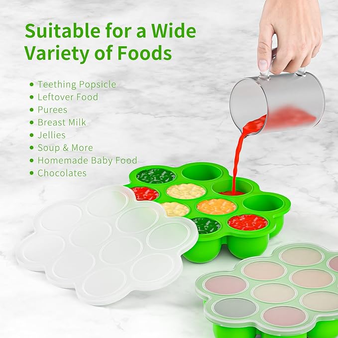 10 Cavities 2 OZ Portions Silicone Baby Food Freezer Tray with Lid,Ice Cube Trays & Molds,Baby Popsicle Mold,Egg Bite Molds,for Freezing and Baking Breast Milk,ice Cube,Egg Bites (Green)