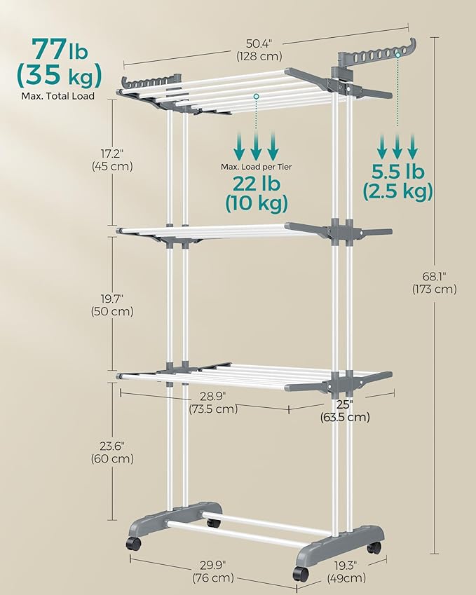 SONGMICS Clothes Drying Rack Stand 4-Tier, Foldable Laundry Drying Rack 68.1-Inch Tall, Steel, Rolling Clothes Horses Dryer Rack, Easy to Assemble, Indoor Outdoor Use, White ULLR701W01