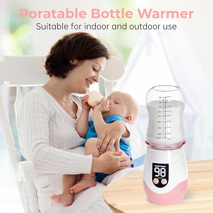 Portable Cordless Baby Bottle Warmer for Travel, Rechargeable with 8 Adapters & 1 Milk Powder Container, Safe Material, Fast Heating, Compatible with Major Brands,Pink