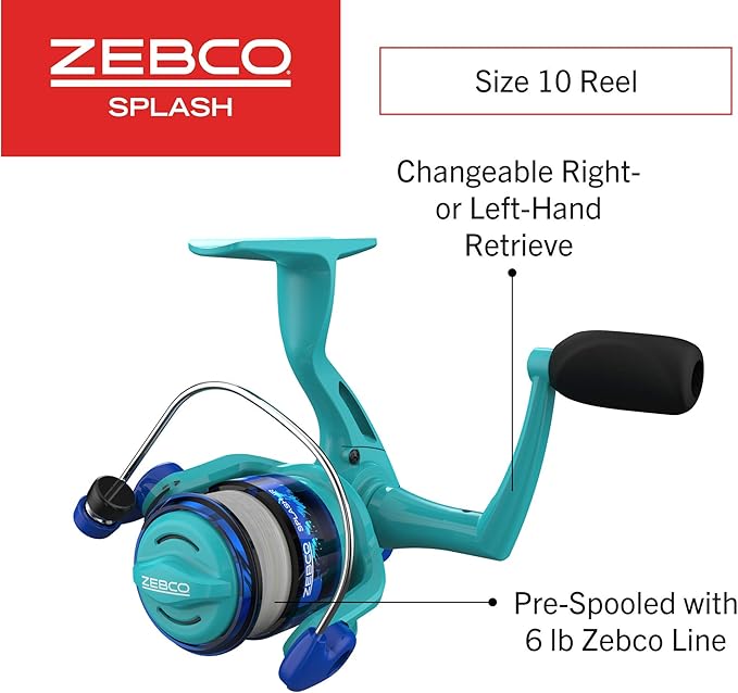 Zebco Splash Junior Spinning Reel and Fishing Rod Combo, 4-Foot 2-Piece Fishing Pole, Size 10 Reel, Changeable Right- or Left-Hand Retrieve, Pre-Spooled with 6-Pound Zebco Line