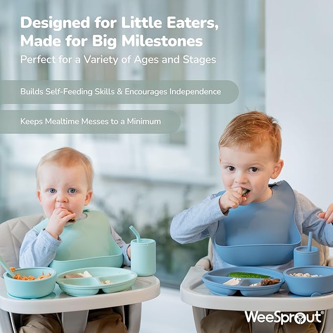 WeeSprout Baby Led Weaning Bundle, Silicone Suction Bowl, Spoons, Bib & Cup, Develops Self Feeding Skills, Dishwasher Safe (Green)