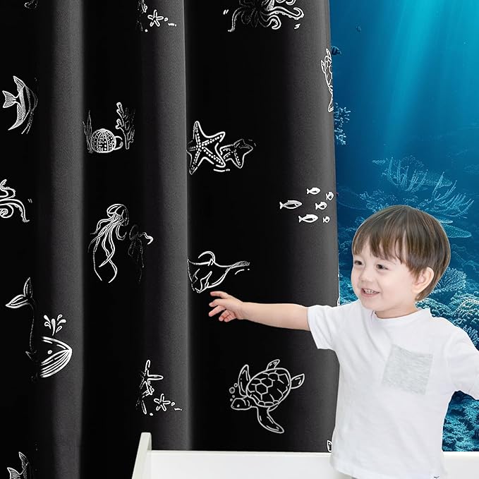 Vangao Kids Curtains for Boys Bedroom Kids Blackout Curtains 63 Inch Length Ocean Aquarium Nursery Drapes for Girls Bedroom Silver Sea Animals Print Thermal Insulated Drapes, Black 2 Panels