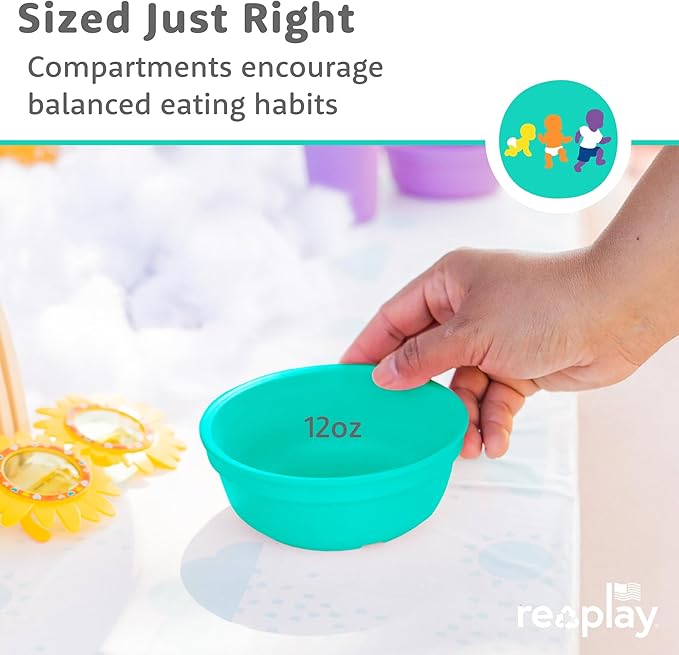 Re-Play 12 Oz. Toddler Bowls for Snack and Everyday Dining - Dishwasher and Microwave Safe - Made in USA - Set of 3-5.75" x 5.75" x 2" - Sea Glass