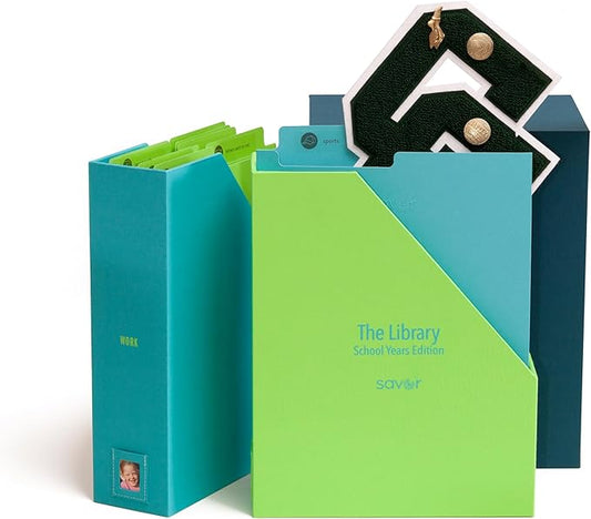 Savor | Deluxe School Years Keepsake Box | Fabric Bound Acid-Free Childhood Memory Organizer with Labels for Birthday, Graduation, Mitzvah, Mother’s Day, and Baby Shower (Ocean, Harper)