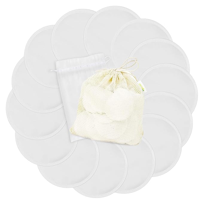 wegreeco Nursing Breast Pads (14 Pack) + Laundry Bag & Travel Storage Bag, 4.7 inch Option - Washable & Reusable Breastfeeding Nursing Pads (White, Plain Shape)
