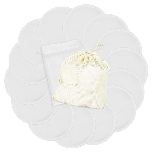 wegreeco Nursing Breast Pads (14 Pack) + Laundry Bag & Travel Storage Bag, 4.7 inch Option - Washable & Reusable Breastfeeding Nursing Pads (White, Plain Shape)