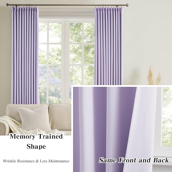 Pinch Pleated Lavender Blackout Curtains Short 2 Panels Set 45 Inch Length for Small Windows, Sound & Light Reducing Room Darkening Drape for Bathroom Bedroom(Lavender, 2 Pieces, W40 x L45)