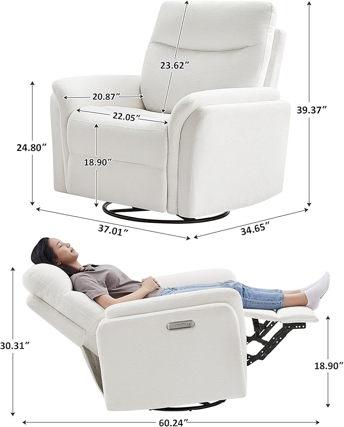 Power Recliner Chair Swivel Glider, Electric Rocking Recliner Chairs with USB and Type-C Ports, Nursery Chair Recliner for Living Room, Bedroom, Apartment（White）