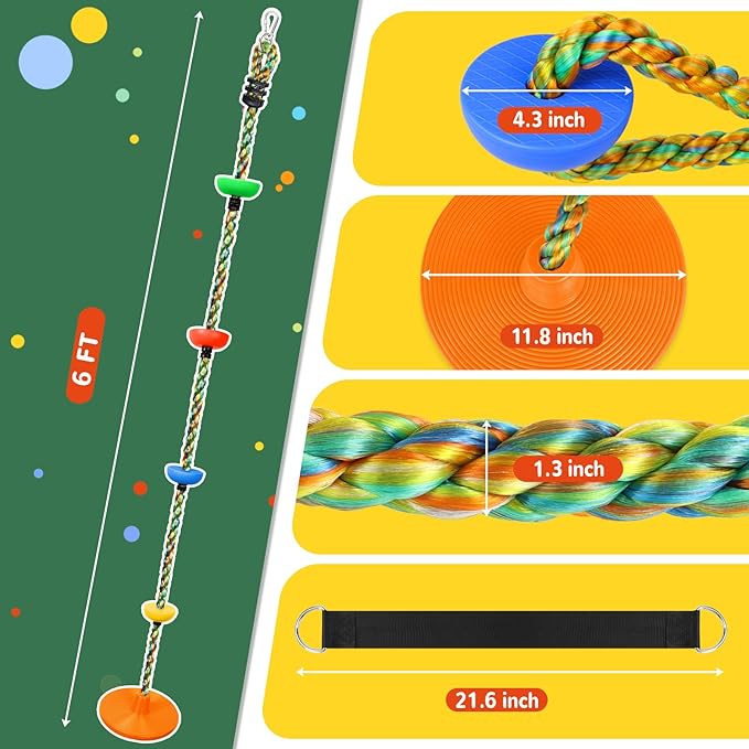 Tree Swing Rainbow Climbing Rope, Heavy Duty Swing Disc Seat Replacement for Kids with Hanging Strap and Platform Carabiners Indoor/Outdoor Playground Accessories (Orange)