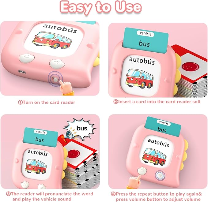 Kidzdo 520 Bilingual Spanish English Talking Flash Cards, Christmas Birthday Gifts for 2 3 4 5 6 Year Old Girls, Montessori Pocket Speech Therapy Toys, Portable Toddlers Toys for Ages 2-6 Kids, Pink