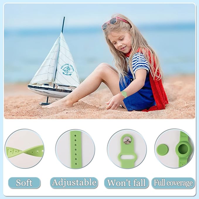 Kids Waterproof Airtag Bracelet Compatible with Apple AirTag, Hidden Silicon Protective Case for Air Tag GPS Tracker Holder, Adjustable Anti-Lost Watch Band for Toddler Child (Green & Purple)