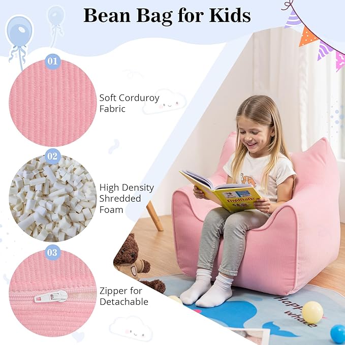 HOMMPA Kids Bean Bag Chair Stuffed Toddler Bean Bag Sofa with Pocket Filler Bean Bag Chair for Kids Boys and Girls Baby Lazy Floor Sofa Chair for Gaming Reading Playing Pink