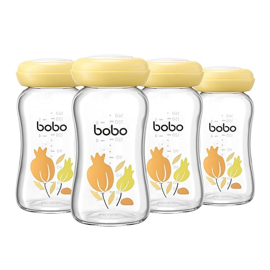 YOHKOH Breast Milk Storage Bottles - Wide Neck Glass Breastmilk Storage Bottles with Lids, BPA-Free (Yellow, 5.4oz (Pack of 4))