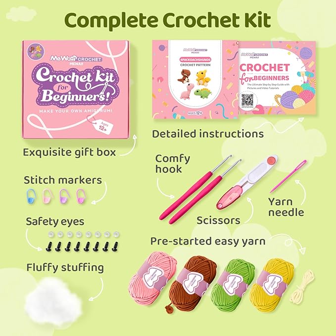 Mewaii Crochet Kit for Beginners – 5 Easy Dinosaur Crochet Kits with Step-by-Step Video Tutorials, Pre-Started Yarn, 40% Extra Yarn, Beginner Crochet Kit for Adults & Kids
