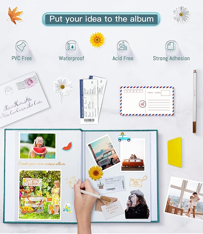 popotop Photo Album Self Adhesive with Picture Display Window,60 Pages DIY Scrapbooking Supplies Kit for 4x6 10x12 Picture,Linen Cover Memory Book for Baby Wedding, with Scraper and Metallic Pen