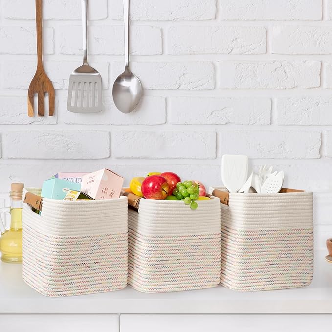 danpinera 11"x11" Storage Cubes, Soft Boho Storage Basket with Neat Stitching, 3-Pack Cube Storage Organizer, Woven Baskets for Storage in Living Room, Kids Room, Bedroom, Rainbow