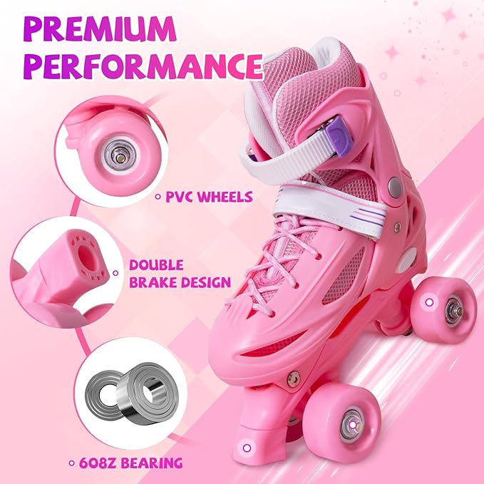 Rainbow Toddler Roller Skates - Size 4 Adjustable | Light Up Quad Skates for Girls & Boys Beginners Aged 3-12