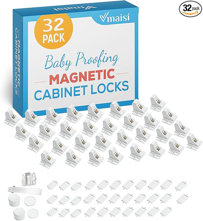 Vmaisi Adhesive Magnetic Locks for Cabinets & Drawers (32 Locks and 4 Keys)
