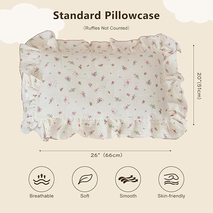 BuLuTu 100% Cotton Standard Pillow Case for Kids, 1 pc, 20"x26", Pink Floral Sheep Design Pillow Cover Muslin Gauze Pillow Protector for Children Girls Boys Bedding Gift, Envelope Closure