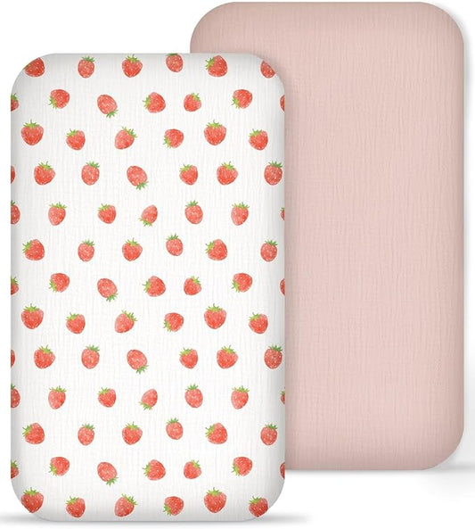 Muslin Bedside Bassinet Sheets 2 Pack, 33x20 Fitted Ultra Soft & Breathable Bedside Sleeper Sheets, Ideal for Baby Girl and Boy, Perfect for Newborns (Strawberry & Pale Pink)