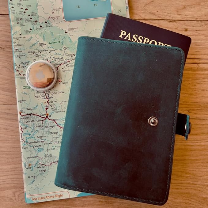 Genuine Leather AirTag and Moto Tag Passport Holder and Wallet for Men and Women RFID Blocking for Secure Traveling and Documentation Organizer (Blue)