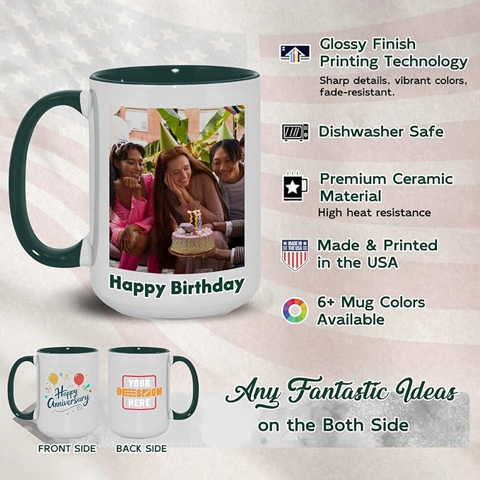 Ship Next Day Custom Mug Design Your Own Photo Text Personalized Picture Gifts for Women Men Customized Gifts Idea Personalized Coffee Mugs 15oz Dark Green Handle