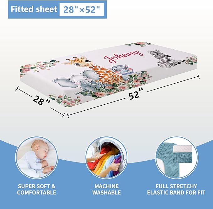 Custom 5-Piece Baby Crib Bedding Set, Personalized Name for Kid Toddler, Animal Nursery for Boy Girl, Double Layer, Customized Gift for Infant