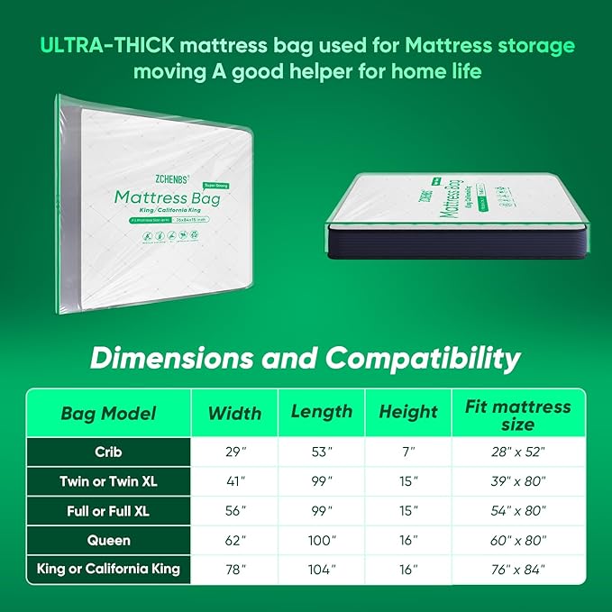ZCHENBS® – Mattress Bags for Moving and Storage,Mattress Bag with Zippers,5 Mil Ultra-Thick Bed Bag,Waterproof,Anti-Tear,Heavy-Duty Mattress bag (Tansparent/Green, King/California King-(2 Pack))