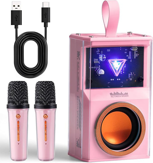 Karaoke Machine for Kids & Adults, Portable Bluetooth Mini Karaoke Speaker with 2 Wireless Microphone and Lights, Birthday Gifts for Girls & Boys, Toys for Girls, Family Home Party (Pink)