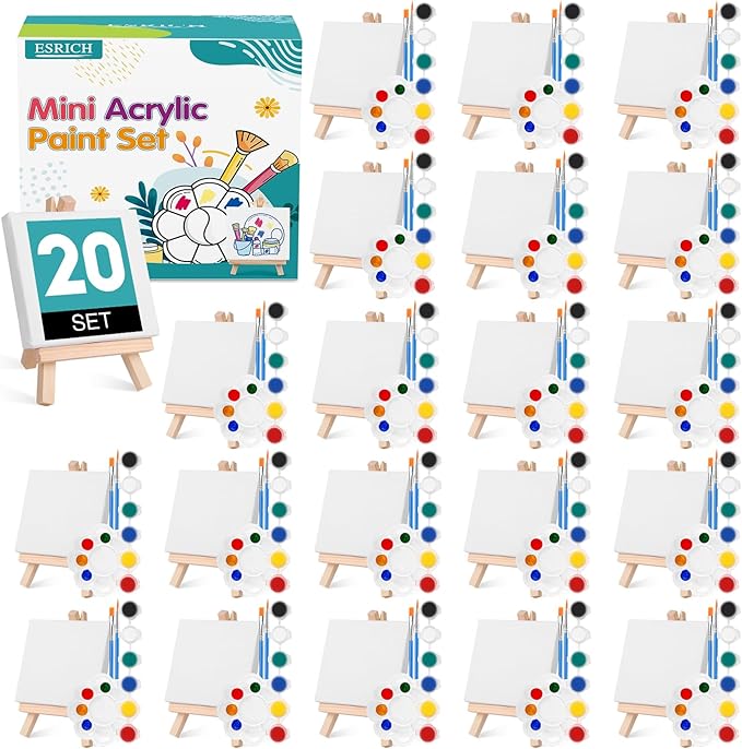 ESRICH 20 Set Mini Canvas Painting Kit, Minis Acrylic Paint Set, Valentines Day Gifts,4*4in Stretched Canvas with Easel, Acrylic Paints,Brushes,Palette,Mini Easel Canvas for Kids Adults Painting Party