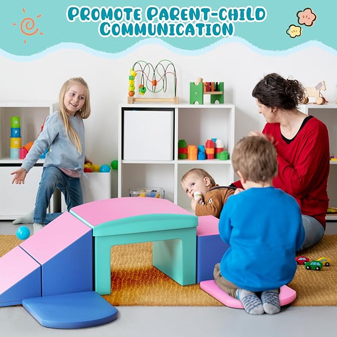 Lischwert Foam Climbing Blocks for Toddlers, Toddler Climbing Toys Indoor with Slide Stairs and Ramp Soft Play Climbing for Toddlers, 6 Pieces