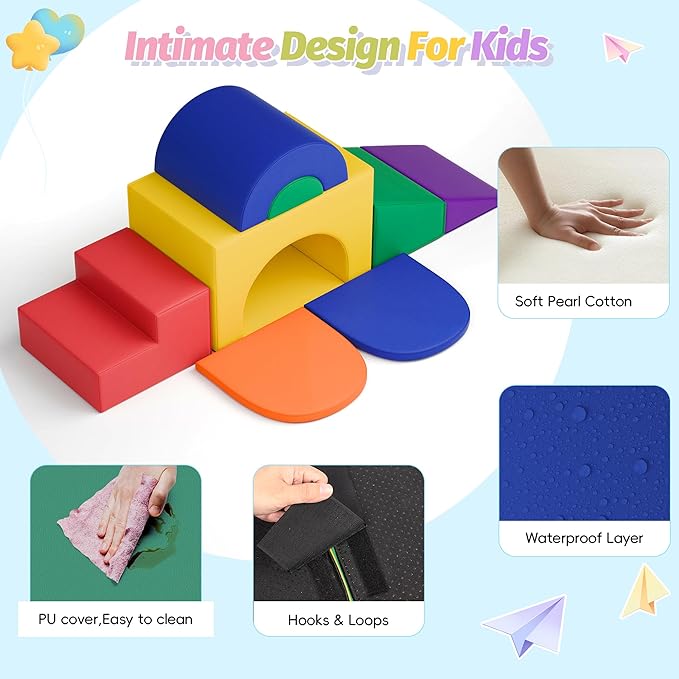 ‌Soft Climbing Toys for Toddlers, 7-Piece Baby Soft Foam Climbing Blocks, PU Leather Gym Climb and Crawl Activity Play Set, Indoor Climbing Toys for Kids and Children, Classic