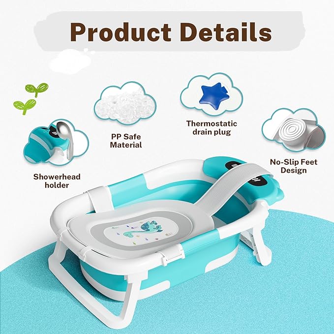 AVIDOR Baby Bathtub,Collapsible Bathtub for Newborn to Toddler,Durable Essential Infant Bath Tub,Portable Travel Baby Tub with Soft Bath Net,No-Slip Feet and Dinosaur Shaped (Light Blue)