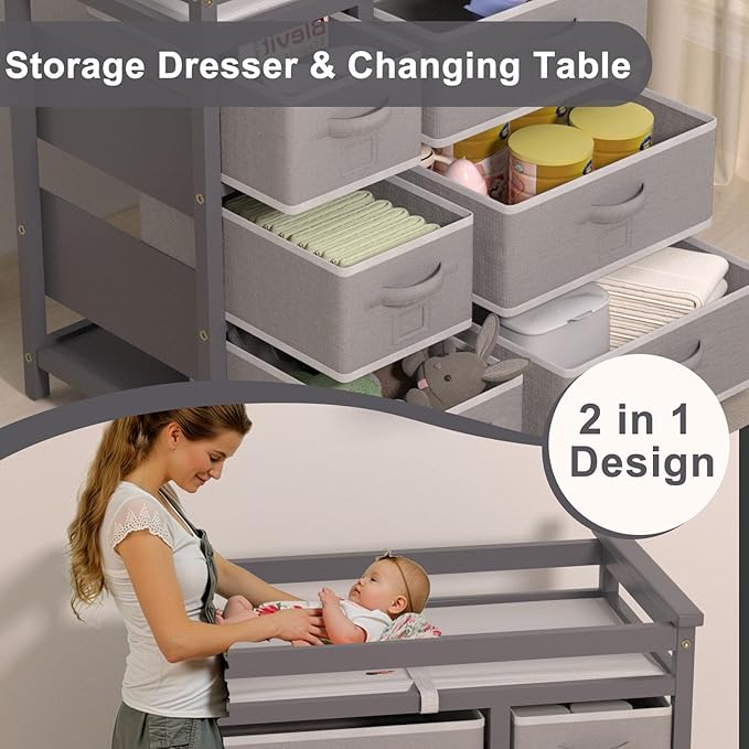 YUFU Baby Changing Table, Diaper Changing Station with 6 Storage Drawers and Changing Pad, Changing Table Dresser, Gray