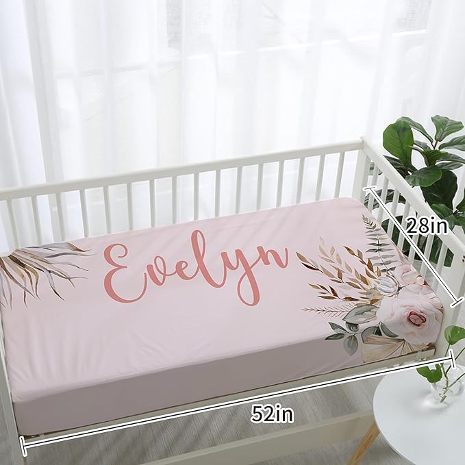 Personalized Nursery Crib Bedding Set: Custom Name 5 Piece Baby Crib Sets with Bohemian Flowers - Toddler Double Layer Blanket Set, Comfortable Crib Bed Sheets for Baby Gril