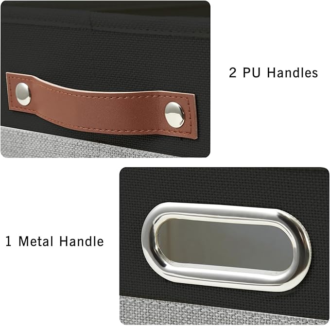 Large Collapsible Fabric Storage Bins with 3 Handles, Foldable Organizer Baskets for Closet, Shelves, Living Room | 3 Pack, Durable PU & Metal Handles (17"x11.8"x11.8", Black & Gray)