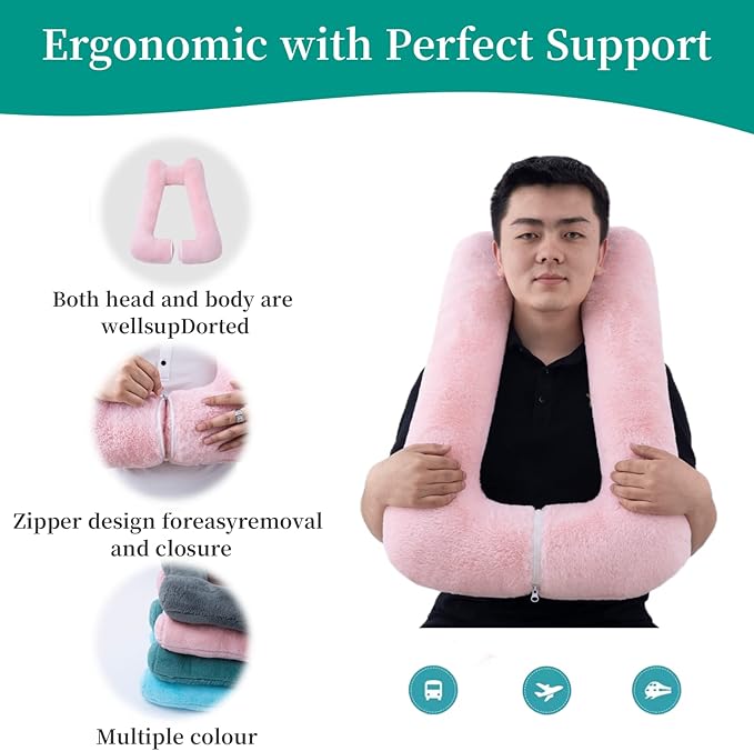 Travel Pillow Upgraded Version of Aircraft Travel Neck Pillow with Storage Bag, Sleep Pillows for Travel by Train, Car, or Plane, Supporting The Head and Body, Travel Pillow for Kids Pink