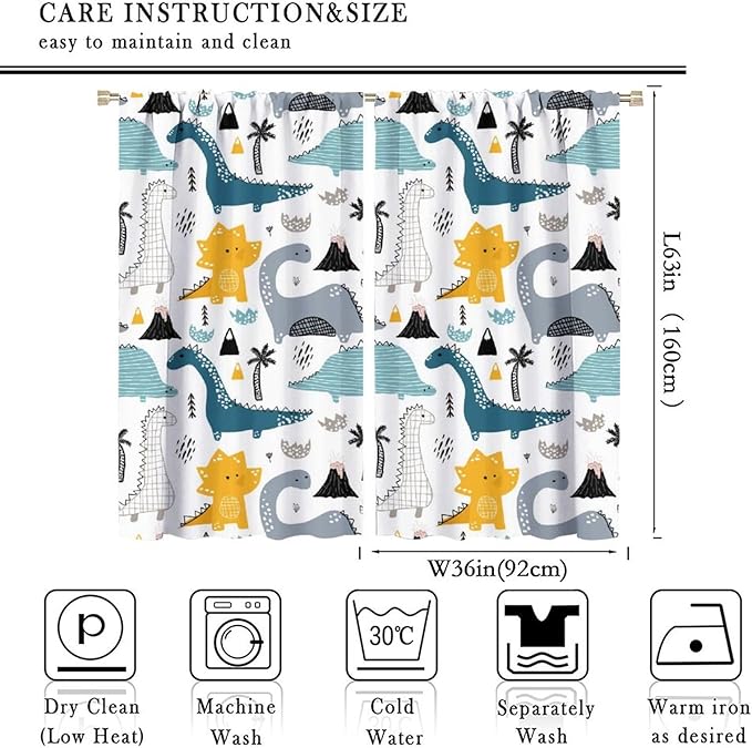 Kids Dinosaur Curtains for Boys Girls Bedroom Decor Cartoon Dino Colorful Cute Funny Wildlife Animal Printed Blackout Rod Pocket Window Drapes for Baby Nursery Playroom Living Room W36xL63in 2 Panels