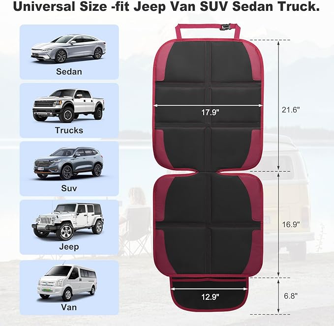 Car Seat Protector for Child, 2 Pack With Mesh Pockets & Non-Slip Backing 600D Durable Under Baby Seat Cover for Back Seat (Burgundy, Standard)